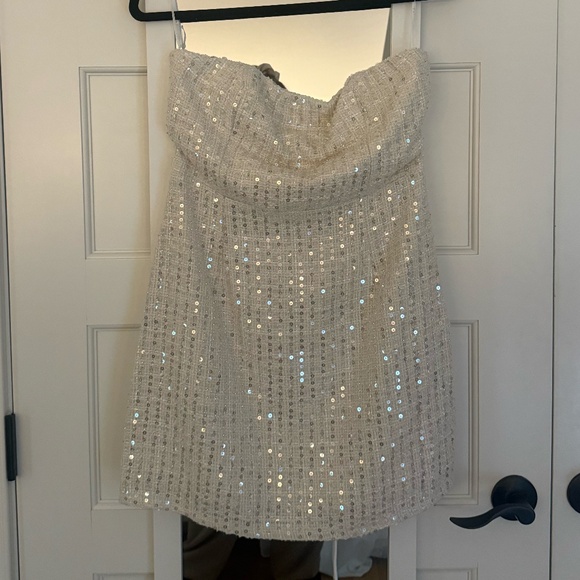 Lulus Luxe Mentality Ivory Tweed Sequin Strapless Lace-Up Mini Dress, Size Med - Picture 4 of 5